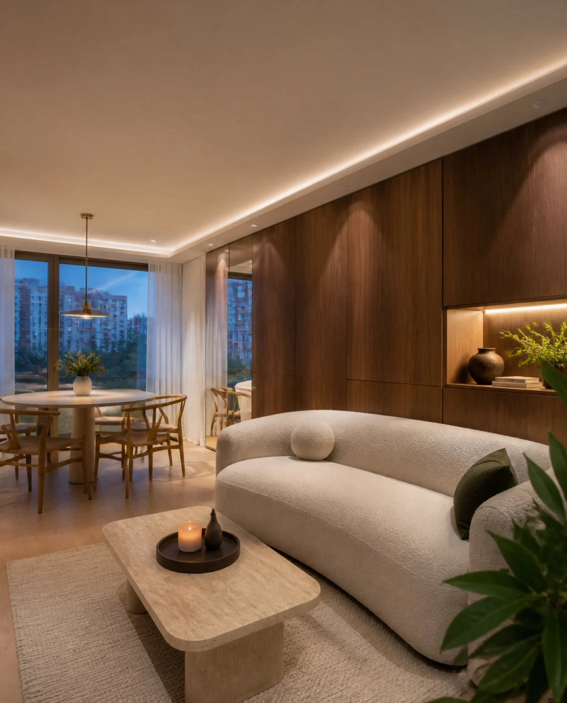 HDB living room with a walnut storage wall, curved boucle sofa and travertine table