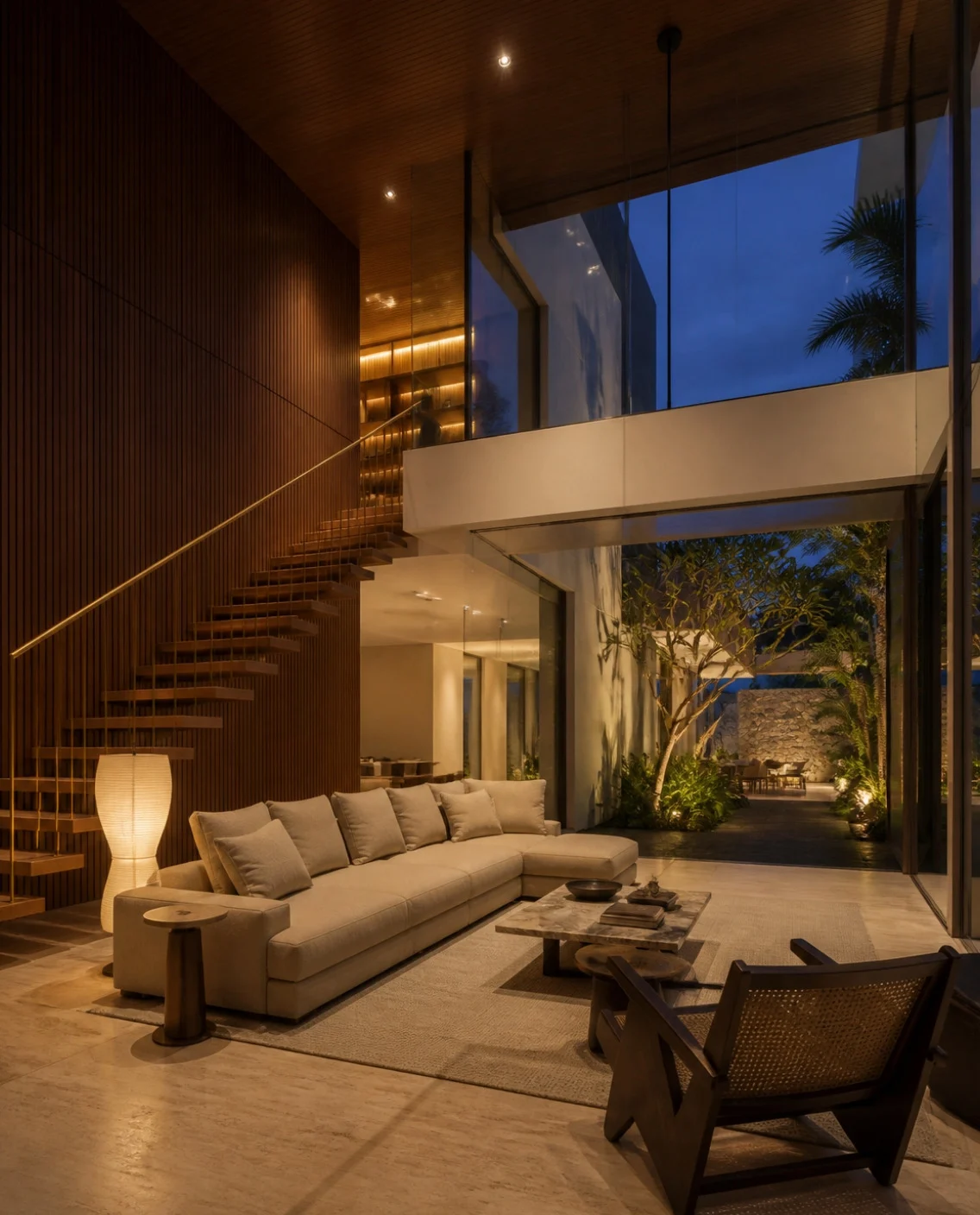 Double-height living room of a terrace house with a timber staircase and a courtyard garden